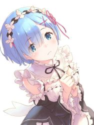 Rule 34 | 10s, 1girl, bare shoulders, black dress, blue eyes, blue hair, blush, breasts, cleavage, commentary request, detached sleeves, dress, eyebrows, frills, hair ornament, hair over one eye, hair ribbon, hands on own chest, highres, hisakata souji, looking at viewer, looking up, maid, maid headdress, matching hair/eyes, medium breasts, own hands together, re:zero kara hajimeru isekai seikatsu, rem (re:zero), ribbon, ribbon-trimmed clothes, ribbon trim, short hair, simple background, solo, upper body, white background, x hair ornament