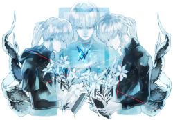 Rule 34 | 3boys, arima kishou, black jacket, blue butterfly, bug, butterfly, closed eyes, closed mouth, commentary, cropped torso, dual persona, flower, from side, glasses, grey hair, holding, hood, hood down, insect, jacket, kagune (tokyo ghoul), kaneki ken, koujima shikasa, long sleeves, multiple boys, short hair, short sleeves, symbol-only commentary, tokyo ghoul, tokyo ghoul:re, transparent, white background, white flower