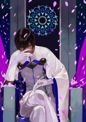 Rule 34 | 1boy, arjuna (fate), black hair, bow, bow (weapon), cape, dark skin, fate/grand order, fate (series), gloves, looking at viewer, male focus, official art, pako (pakosun), sitting, throne, weapon