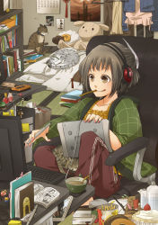 Rule 34 | 1girl, absurdres, book, bookshelf, brown eyes, brown hair, calendar (object), cat, cellphone, chair, computer, doughnut, drawing tablet, eating, food, french fries, fruit, futon, headphones, highres, jewelry, keyboard, computer keyboard, charm (object), messy, monitor, computer mouse, nail polish, original, pants, phone, pillow, pink nails, poster (object), room, rukira, sheep, short hair, sitting, smile, solo, strawberry, stuffed animal, stuffed toy, tongue, track pants