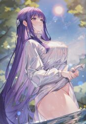 Rule 34 | 1girl, absurdres, blue sky, blunt bangs, breasts, cloud, day, dress, fern (sousou no frieren), highres, large breasts, long hair, outdoors, parted lips, partially submerged, purple eyes, purple hair, shanguier, sky, solo, sousou no frieren, sun, thighs, water, wet, wet clothes, wet dress, wet hair, white dress