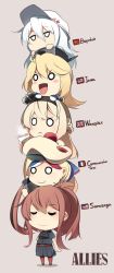 Rule 34 | 0 0, 10s, 5girls, american flag, black dress, blonde hair, blue hair, blush stickers, braid, breast pocket, brown hair, character name, chibi, closed eyes, commandant teste (kancolle), crown, cup, dress, flat cap, french braid, french flag, frown, hairband, hammer and sickle, hat, headgear, hibiki (kancolle), human tower, ido (teketeke), iowa (kancolle), kantai collection, long hair, mini crown, multicolored hair, multiple girls, pocket, ponytail, red hair, red legwear, saratoga (kancolle), side ponytail, smile, soviet flag, stack, stacking, standing, streaked hair, teacup, union jack, verniy (kancolle), warspite (kancolle), white hair, white hat