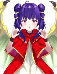 Rule 34 | 1girl, absurdres, blunt bangs, blush, bracelet, capelet, cilu shinomori, claw pose, coat, dragon girl, dragon wings, dress, fang, fire emblem, fire emblem: the sacred stones, gold trim, green wings, hair tie, hands up, highres, jewelry, long hair, looking at viewer, multi-tied hair, myrrh (fire emblem), nintendo, open clothes, open coat, open mouth, pale skin, purple hair, red capelet, red coat, red eyes, solo, twintails, upper body, white background, white dress, wings, wristband, yellow wings