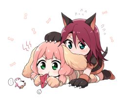 Rule 34 | ..., 2girls, all fours, animal ears, animal hands, bang dream!, biting, blue eyes, bone, chew toy, chibi, dog ears, dog tail, ear biting, flying sweatdrops, gloves, green eyes, hair between eyes, hand on another&#039;s head, long hair, low twintails, lying, medium hair, multiple girls, on stomach, paw gloves, pink hair, re ghotion, red hair, simple background, spoken ellipsis, spoken sweatdrop, sweatdrop, tail, twintails, udagawa tomoe, uehara himari, v-shaped eyebrows, white background