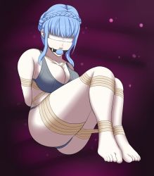 Rule 34 | 1girl, ass, ball gag, bdsm, blindfold, blue bra, blue hair, blue panties, blush, bondage, bound, bra, breasts, brown rope, cleavage, collarbone, dankestofdans, feet, female focus, fire emblem, fire emblem: three houses, gag, gagged, hair bun, highres, intelligent systems, large breasts, lips, marianne von edmund, nintendo, o-ring, panties, pink lips, purple background, rope, shiny clothes, shiny skin, short hair, sideboob, solo, teeth, thick thighs, thighs, thong, underwear, upper teeth only