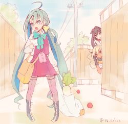 Rule 34 | 10s, 3girls, ahoge, apple, bag, blue hair, boots, bow, bowtie, brown eyes, brown hair, colis, cross-laced footwear, daikon, day, dress, fence, food, fruit, glasses, gloves, grey eyes, grey hair, grocery bag, hair between eyes, hajimete no otsukai, hiding, holding, holding paper, kantai collection, kiyoshimo (kancolle), lace-up boots, light brown hair, long hair, long sleeves, low twintails, multicolored hair, multiple girls, musashi (kancolle), omamori, open mouth, outdoors, pantyhose, paper, peeking out, power lines, purple legwear, radish, red eyes, shopping bag, short hair with long locks, shoulder bag, sleeveless, sleeveless dress, standing, sweatdrop, tag, translation request, twintails, twitter username, very long hair, wooden fence, yamato (kancolle)