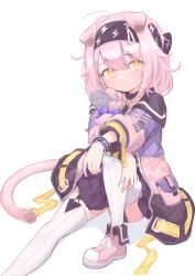 Rule 34 | 1girl, absurdres, animal, animal ears, arknights, black collar, black hairband, black skirt, black wristband, blue jacket, blush, cat, cat ears, cat girl, cat tail, clothes writing, collar, floppy ears, foot out of frame, garter straps, goldenglow (arknights), hairband, highres, holding, holding animal, holding cat, jacket, klaius, knee up, lightning bolt print, multicolored hair, pink footwear, pink jacket, shoes, sitting, skirt, solo, tail, two-tone hair, wavy mouth, white background, white legwear, yellow eyes