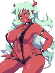 Rule 34 | 10s, 1girl, areola slip, bad id, bad pixiv id, bad tumblr id, belly, black one-piece swimsuit, bracelet, breasts, collar, colored skin, demon girl, fang, gluteal fold, green eyes, green hair, grin, hand on own hip, highres, horns, jewelry, large breasts, light areolae, lips, long hair, looking at viewer, matching hair/eyes, moisture (chichi), navel, one-piece swimsuit, panty &amp; stocking with garterbelt, plump, red skin, scanty (psg), slingshot swimsuit, smile, solo, spiked bracelet, spikes, swimsuit, thick thighs, thighs