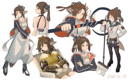 Rule 34 | 1girl, animal ears, arknights, back, back bow, black footwear, black pantyhose, blue bow, blue jacket, blush, book, bow, breasts, bright pupils, brown eyes, brown hair, crossed arms, dated, dress, fox ears, fox girl, fox tail, hair bow, highres, holding, holding mop, holding staff, jacket, long sleeves, looking at viewer, looking back, mop, multiple views, official alternate costume, open book, open clothes, open jacket, paina (xc428), pantyhose, perfumer (arknights), perfumer (leisurely afternoon) (arknights), perfumer (species plantarum) (arknights), ponytail, shoes, simple background, sitting, sleeping, small breasts, smile, staff, striped, striped bow, tail, white background, white bow, white dress, white pupils, yellow dress