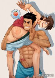 abs age_difference anus ass bara blue_male_underwear brown_eyes brown_hair commentary english_commentary erection feet_out_of_frame grin highres jasdavi luca_(jasdavi) male_underwear muscular muscular_male navel noah_(jasdavi) open_mouth original peach_emoji penis red_tank_top shadow slap_mark smile sweatdrop tan tank_top underwear white_background yaoi