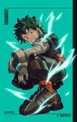 Rule 34 | 1boy, armored boots, artist name, belt, boku no hero academia, boots, character name, closed mouth, freckles, full body, gloves, green eyes, green hair, green jumpsuit, highres, jumpsuit, knee pads, looking at viewer, male focus, midoriya izuku, red belt, short hair, solo, spiked hair, squatting, superhero costume, utility belt, yeol2510