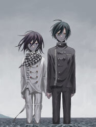 Rule 34 | 2boys, ahoge, arms at sides, black hair, black jacket, breast pocket, brown eyes, buttons, checkered clothes, checkered scarf, commentary request, danganronpa (series), danganronpa v3: killing harmony, double-breasted, grey jacket, grey pants, grey sky, hair between eyes, highres, holding hands, jacket, kasou (roomno404 ), long sleeves, looking at viewer, male focus, multiple boys, oma kokichi, outdoors, pants, pocket, purple eyes, saihara shuichi, scarf, short hair, sky, smile, wading, water, yaoi
