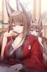 Rule 34 | 2girls, absurdres, aged down, amagi-chan (azur lane), amagi (azur lane), animal ears, azur lane, black shirt, blush, breasts, brown hair, cloud, commentary request, dated commentary, day, flower, fox ears, fox girl, fox tail, grey eyes, hair flower, hair ornament, highres, indoors, japanese clothes, kimono, large breasts, long hair, looking at another, multiple girls, one eye closed, open mouth, red kimono, samip, shirt, sidelocks, smile, star-shaped pupils, star (symbol), symbol-shaped pupils, tail, tree, wide sleeves