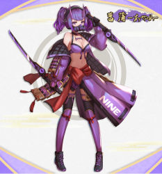 Rule 34 | 1girl, absurdres, bare shoulders, black footwear, black gloves, bow, breasts, commentary request, dolce (dolsuke), gas mask, gloves, highres, holding, holding sword, holding weapon, horns, jacket, large bow, large breasts, long sleeves, looking at viewer, mask, navel, off-shoulder jacket, off shoulder, oni, original, purple eyes, purple hair, purple jacket, red bow, shoes, solo, sword, translation request, twintails, weapon