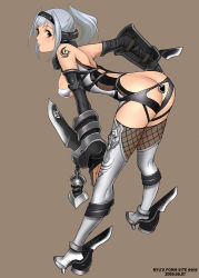 Rule 34 | 1girl, armor, ass, bent over, boots, breasts, butt crack, elbow gloves, fishnet thighhighs, fishnets, gloves, grey eyes, looking back, ponytail, ryu (ryu&#039;s form site), sideboob, silver hair, simple background, solo, tattoo, thigh boots, thighhighs