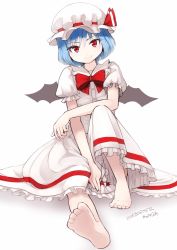 Rule 34 | 1girl, bad id, bad pixiv id, barefoot, bat wings, blue hair, bow, dated, dress, feet, female focus, foreshortening, full body, hat, hat ribbon, looking at viewer, nosuku, puffy sleeves, red eyes, remilia scarlet, ribbon, short sleeves, signature, simple background, sitting, slippers, slit pupils, smile, soles, solo, touhou, white background, white dress, wings