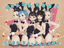 Rule 34 | 5girls, absurdres, alternate costume, android 18, animal ears, arms around waist, bare arms, bare legs, bare shoulders, black bow, black bowtie, black eyes, black hair, black leotard, blonde hair, blue eyes, blue hair, blunt bangs, bow, bowtie, breasts, bulma, chi-chi (dragon ball), cleavage, clenched hand, closed mouth, cropped legs, detached collar, dragon ball, dragon ball (classic), dragon ball super, dragonball z, earrings, english text, fake animal ears, frilled leotard, frills, frown, grin, hair bun, hair slicked back, hand on own hip, highres, hug, hug from behind, jewelry, kanchiyo, large breasts, leotard, lips, long hair, looking at viewer, mai (dragon ball), medium breasts, milestone celebration, multiple girls, naughty face, neck, parted lips, playboy bunny, rabbit ears, rabbit tail, serious, short hair, smile, standing, straight hair, strapless, strapless leotard, stud earrings, thank you, videl, yuri
