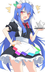 Rule 34 | 1girl, alternate costume, apron, black dress, blue hair, blush, cowboy shot, cup, dress, e.o., enmaided, fang, fingernails, frilled dress, frills, fruit hair ornament, hair ornament, hand on own hip, highres, hinanawi tenshi, holding, holding tray, long hair, maid, maid apron, maid headdress, open mouth, peach hat ornament, puffy short sleeves, puffy sleeves, rainbow order, red eyes, short sleeves, simple background, skin fang, solo, touhou, tray, white apron, white background