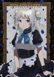 Rule 34 | 1girl, absurdres, black ribbon, blue bow, blue collar, blue eyes, blue hair, blue nails, blue ribbon, bow, character request, collar, double bun, english text, fingernails, frills, grey hair, hair bun, highres, ktym 777, light blue hair, looking at viewer, maid, multicolored hair, nail polish, original, outline, parted lips, patterned, patterned background, petals, picture frame, puffy sleeves, ribbon, solo, virtual youtuber, white outline