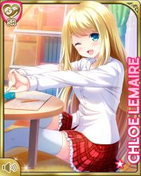 Rule 34 | 1girl, bedroom, blonde hair, blue eyes, breasts, card, character name, chloe lemaire, girlfriend (kari), large breasts, long hair, official art, one eye closed, open mouth, plaid, plaid skirt, qp:flapper, red skirt, shirt, sitting, skirt, smile, stretching, table, tagme, thighhighs, white shirt