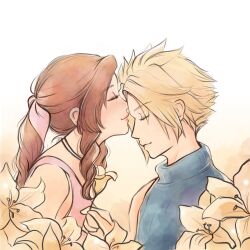 Rule 34 | 1boy, 1girl, aerith gainsborough, bare shoulders, blonde hair, blue shirt, braid, brown hair, choker, closed eyes, cloud strife, dress, final fantasy, final fantasy vii, final fantasy vii remake, flower, hair ribbon, highres, jewelry, kiss, kissing forehead, lily (flower), long hair, necklace, papermint tea, parted bangs, pink dress, pink ribbon, ribbon, shirt, short hair, sidelocks, sleeveless, sleeveless turtleneck, smile, spiked hair, square enix, turtleneck, upper body, yellow flower