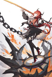 1girl arknights bare_shoulders black_dress black_thighhighs chain closed_mouth demon_horns dress full_body hair_between_eyes highres holding holding_sword holding_weapon horns jacket lava long_hair long_sleeves looking_at_viewer looking_back off_shoulder purple_eyes red_hair simple_background smile solo surtr_(arknights) sword thighhighs weapon xukong