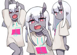 Rule 34 | 1girl, arms up, brown hoodie, closed eyes, closed mouth, colored skin, commentary, english commentary, fangs, finger in own mouth, grey skin, hair between eyes, highres, hood, hood down, hoodie, horns, lakilolom, long hair, looking at viewer, multiple views, nanashi (zutomayo), open mouth, pointy ears, red eyes, short sleeves, silver hair, simple background, single horn, teeth, upper teeth only, white background, zutto mayonaka de ii no ni