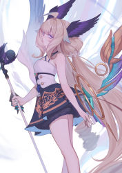 Rule 34 | 1girl, absurdly long hair, absurdres, ahoge, bare legs, bird girl, blonde hair, blue bow, blue dress, blue hair, blush, bow, breasts, dress, enna alouette, facing to the side, flower, hair flower, hair ornament, head wings, highres, holding, holding microphone stand, long hair, looking at viewer, low twintails, mechanical wings, microphone, microphone stand, multicolored hair, nezumi (tuboshu2013), nijisanji, nijisanji en, purple bow, purple dress, purple eyes, purple wings, sky, sleeveless, small breasts, solo, twintails, very long hair, virtual youtuber, white flower, white legwear, wings