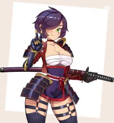 Rule 34 | 1girl, armor, black thighhighs, border, breasts, brown border, cleavage, closed mouth, commission, gauntlets, green eyes, hair over one eye, highres, holding, holding sword, holding weapon, japanese armor, katana, large breasts, looking at viewer, mechanical arms, mole, mole on breast, nisetanaka, original, pauldrons, purple hair, samurai, sheath, sheathed, short hair, shoulder armor, single mechanical arm, smile, solo, sword, thighhighs, v, weapon, white background