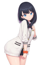 1girl black_hair black_skirt blouse blue_eyes blush breasts cardigan collared_shirt cowboy_shot gridman_universe heijialan leaning_forward long_hair long_sleeves looking_at_viewer medium_breasts miniskirt pleated_skirt scrunchie shirt simple_background skirt solo ssss.gridman takarada_rikka thighs white_background white_shirt wrist_scrunchie