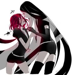 Rule 34 | 2others, androgynous, black hair, bort, chiyo (rotsurechiriha), cinnabar (houseki no kuni), clothes grab, eye contact, gem uniform (houseki no kuni), grabbing, houseki no kuni, leaning forward, long hair, looking at another, looking down, medium hair, mercury (element), multiple others, necktie, necktie grab, neckwear grab, other focus, pale skin, pulling another&#039;s clothes, red eyes, red hair, scared, serious, talking, thighhighs, twitter username, very long hair