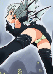 Rule 34 | 1girl, ass, boots, demon wings, earrings, elbow gloves, female focus, gloves, highres, jewelry, komori aimi, ogihara mach, panties, pantyshot, profile, shadow lady, shadow lady (character), silver hair, smile, solo, thigh boots, thighhighs, underwear, wings