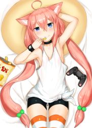 Rule 34 | 1girl, ahoge, animal ear fluff, animal ears, armpits, bag of chips, bed sheet, bike shorts, black shorts, blue eyes, breasts, cat ears, chips (food), commentary request, controller, food, game controller, gluteal fold, grin, hair between eyes, hair bobbles, hair ornament, hinata channel, holding, holding food, long hair, looking at viewer, low twintails, lying, mathew (srmmk mce), nekomiya hinata, on back, pillow, pink hair, potato chips, shirt, short shorts, shorts, sidelocks, small breasts, smile, solo, striped clothes, striped thighhighs, tank top, thighhighs, twintails, very long hair, virtual youtuber, white shirt