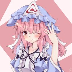Rule 34 | 1girl, arm up, blue hat, blue kimono, blush, commentary request, glint, hair between eyes, hat, heart, highres, ibuibuyou, japanese clothes, jewelry, kimono, looking at viewer, medium hair, mob cap, one eye closed, pink background, pink eyes, pink hair, ring, saigyouji yuyuko, signature, smile, solo, standing, touhou, two-tone background, upper body, white background