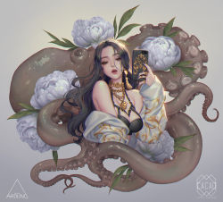 Rule 34 | 1girl, artist name, black hair, breasts, brown eyes, cellphone, chromatic aberration, coat, earrings, eyeshadow, fingernails, flower, highres, jewelry, large breasts, leaf, lipstick, long hair, looking at viewer, love cacao, makeup, nail polish, necklace, octopus, open mouth, original, parted bangs, parted lips, phone, ring, selfie, sharp fingernails, solo, teeth, wavy hair