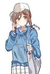 Rule 34 | 1girl, alternate costume, alternate hairstyle, bag, baseball cap, blue hoodie, blush, braid, brown eyes, brown hair, brown hat, casual, commentary, dot mouth, dot nose, drawstring, grey bag, grey hat, hair between eyes, hair ornament, hairclip, hand in own hair, hat, heart, highres, holding, holding bag, holding own hair, hood, hood up, hoodie, kagerou project, long sleeves, looking to the side, medium hair, mekakucity actors, multicolored clothes, multicolored hat, no scarf, otorigg, pants, plaid, plaid pants, shoulder bag, simple background, skirt, solo, tateyama ayano, twin braids, twitter username, upper body, white background, white hat, white skirt