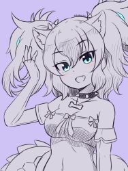 Rule 34 | 1girl, :d, animal ear fluff, animal ears, bare shoulders, blue eyes, blush, bone necklace, breasts, cerberus (kemono friends), collar, collarbone, dog ears, elbow gloves, extra ears, fang, fingerless gloves, gloves, highres, jewelry, kemono friends, looking at viewer, medium breasts, monochrome, open mouth, pendant, purple background, shiraha maru, simple background, smile, solo, spiked collar, spikes, spot color, strapless, tail, tube top, twintails, twitter username, upper body, white background