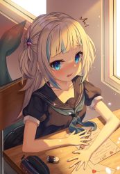 Rule 34 | 1girl, absurdres, blue eyes, blue hair, blue nails, blush, classroom, commentary request, envelope, eraser, female focus, fins, fish tail, gawr gura, hair ornament, heart, highres, hololive, hololive english, indoors, looking at viewer, mechanical pencil, monmo mu, multicolored hair, nail polish, neckerchief, paper, pencil, pencil case, ruler, school uniform, serafuku, shadow, shark hair ornament, shark tail, sharp teeth, silver hair, sitting, streaked hair, sunlight, tail, tail blush, teeth, upper teeth only, virtual youtuber, window