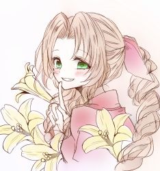 Rule 34 | 1girl, aerith gainsborough, artist request, blush, braid, brown hair, chisa 02, final fantasy, final fantasy vii, final fantasy vii remake, finger to mouth, flower, green eyes, hair intakes, highres, jacket, lily (flower), parted bangs, plant, red jacket, ribbon, smile, solo, square enix, wavy hair, white background, yellow flower