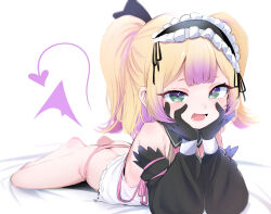 Rule 34 | 1girl, :d, absurdres, aqua eyes, ass, bare shoulders, black gloves, blonde hair, blush, demon tail, demon wings, detached sleeves, gloves, hairband, highres, lolita hairband, looking at viewer, lying, multicolored hair, on stomach, open mouth, panties, pink panties, purple hair, sailor collar, shinsougumi, smile, solo, tail, twintails, two-tone hair, underwear, utsusumi kio, virtual youtuber, wakarase choro, wings