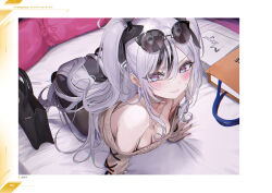 Rule 34 | 1girl, all fours, azur lane, bag, bare shoulders, bed sheet, black hair, blush, bow, breasts, character name, choker, cleavage, closed mouth, earrings, elbe (azur lane), eyewear on head, fingernails, frills, hair bow, hair ornament, highres, indoors, jewelry, lips, long hair, looking at viewer, medium breasts, multicolored hair, nail polish, necklace, nekometaru, non-web source, official art, page number, pantyhose, pillow, shopping bag, solo, sunglasses, sweat, sweatdrop, wavy mouth, white hair