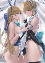 Rule 34 | 2girls, apron, aqua bow, aqua bowtie, black dress, black gloves, black thighhighs, blue archive, blue eyes, blue leotard, bow, bowtie, breasts, close-up, clothes lift, comiket 102, commentary request, dress, dress lift, dual persona, fingerless gloves, frilled apron, frills, gloves, large breasts, leotard, maid, multiple girls, official alternate costume, parted lips, playboy bunny, sideboob, strapless, strapless leotard, thighhighs, thighs, toki (blue archive), toki (bunny) (blue archive), v, white apron, wrist cuffs, yabacha