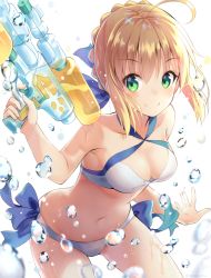 Rule 34 | 1girl, ahoge, armpits, artist name, artoria pendragon (all), artoria pendragon (fate), artoria pendragon (swimsuit archer) (fate), artoria pendragon (swimsuit archer) (first ascension) (fate), bare arms, bare shoulders, bikini, blonde hair, blue bow, blue ribbon, blurry, bow, braid, breasts, c:, cleavage, closed mouth, collarbone, cowboy shot, criss-cross halter, depth of field, eyebrows, fate/grand order, fate (series), green eyes, hair ribbon, halterneck, holding, looking at viewer, medium breasts, navel, nonono (nononotea), nononon, revision, ribbon, saber (fate), short hair, smile, solo, standing, stomach, swimsuit, water, water drop, water gun, wet, white bikini
