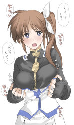 Rule 34 | 1girl, blush, bodysuit, breasts, brown hair, cowboy shot, elf (stroll in the woods), fingerless gloves, gloves, highres, long hair, looking at viewer, lyrical nanoha, mahou shoujo lyrical nanoha, mahou shoujo lyrical nanoha strikers, medium breasts, open mouth, purple eyes, ribbon, side ponytail, solo, takamachi nanoha, takamachi nanoha (exceed mode), translation request, white background, white ribbon