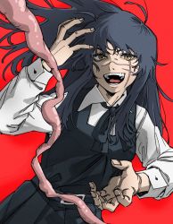Rule 34 | 1girl, :d, ahoge, black hair, black ribbon, black vest, chainsaw man, chorohanage, collared shirt, facial scar, highres, long hair, long sleeves, looking at viewer, neck ribbon, open mouth, red background, ribbon, ringed eyes, scar, scar on cheek, scar on face, shirt, simple background, smile, solo, teeth, vest, white shirt, yellow eyes, yoru (chainsaw man)