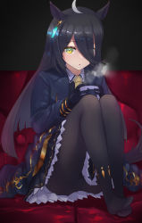 Rule 34 | 1girl, black gloves, black hair, black jacket, black pantyhose, coffee mug, collared shirt, commentary request, cup, dress, frilled dress, frills, gloves, gold trim, green eyes, hair over one eye, highres, jacket, long hair, long sleeves, looking at viewer, manhattan cafe (umamusume), mug, necktie, no shoes, pantyhose, shirt, sitting, solo, tadano magu, umamusume, yellow necktie