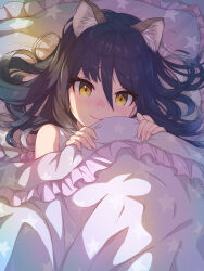 Rule 34 | 1girl, animal ear fluff, animal ears, bed sheet, closed mouth, frilled pillow, frills, from above, hair between eyes, highres, light blush, long hair, looking at viewer, lying, on back, pillow, princess connect!, purple hair, revision, shade, shiori (princess connect!), smile, solo, star (symbol), star print, tsurime, under covers, upper body, yako noir (kei-ne), yellow eyes