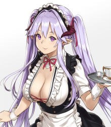 Rule 34 | 1girl, breasts, cleavage, cup, demon horns, demon maid (houtengeki), horns, houtengeki, huge breasts, long hair, looking at viewer, maid, original, pointy ears, purple eyes, purple hair, simple background, smile, solo, teacup, twintails, upper body, white background, wrist cuffs