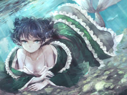 Rule 34 | 1girl, aqua eyes, bikini, bikini top only, blue hair, breasts, cleavage, collarbone, commentary request, curly hair, dress, fins, fish, frills, head fins, highres, japanese clothes, kimono, long sleeves, looking at viewer, mermaid, monster girl, nail polish, small breasts, smile, solo, swimsuit, touhou, underwater, wakasagihime, wataichi meko