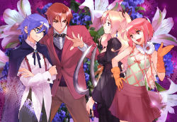 Rule 34 | 2boys, 2girls, :d, belt, black dress, blue eyes, blue hair, breasts, cleavage, contrapposto, crossed arms, dress, flower, formal, gloves, long sleeves, medium breasts, multiple boys, multiple girls, muroi maki, open mouth, original, pants, pink hair, short hair, small breasts, smile, standing, suit